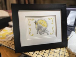Yellow pup with filigree pencil and watercolor (5x7 in 9x11 frame) $95 (change of frame available)
